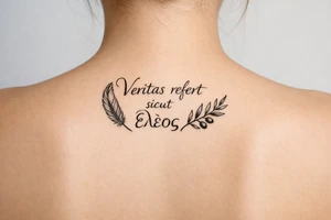 Veritas refert sicut ἔλεος on mid back slightly to the  right with the words stacked not perfectly aligned with a delicate but clear quill at the beginning and an olive branch at the end and there should be Elegant curvature as a vibe do not connect anything Think ballet chic black Swan tattoo idea