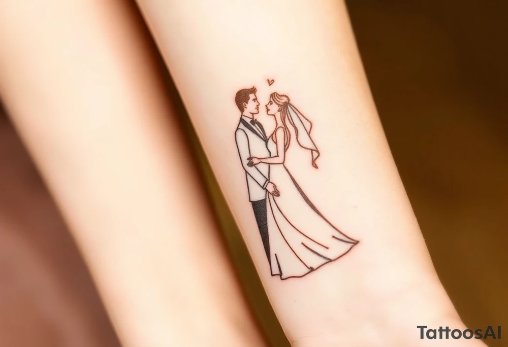 A softly shaded vintage-style illustration of a bride and groom, with sepia tones for an old-world charm tattoo idea