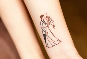 A softly shaded vintage-style illustration of a bride and groom, with sepia tones for an old-world charm tattoo idea
