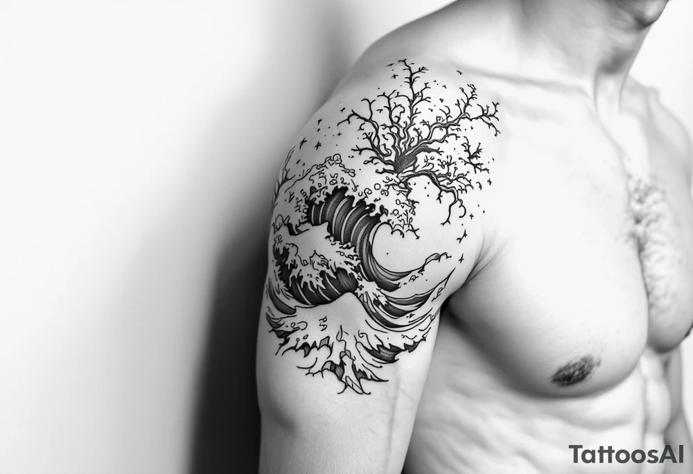 Fine line powerful ocean half sleeve with some shading tattoo idea Fine line powerful ocean half sleeve with some shading tattoo idea