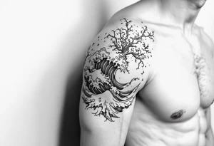 Fine line powerful ocean half sleeve with some shading tattoo idea