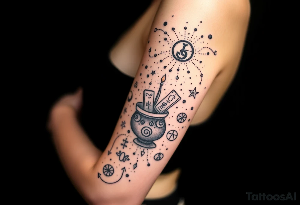 Milky way filled with zodiac symbols runes tarot cards coming out of a cauldron tattoo idea