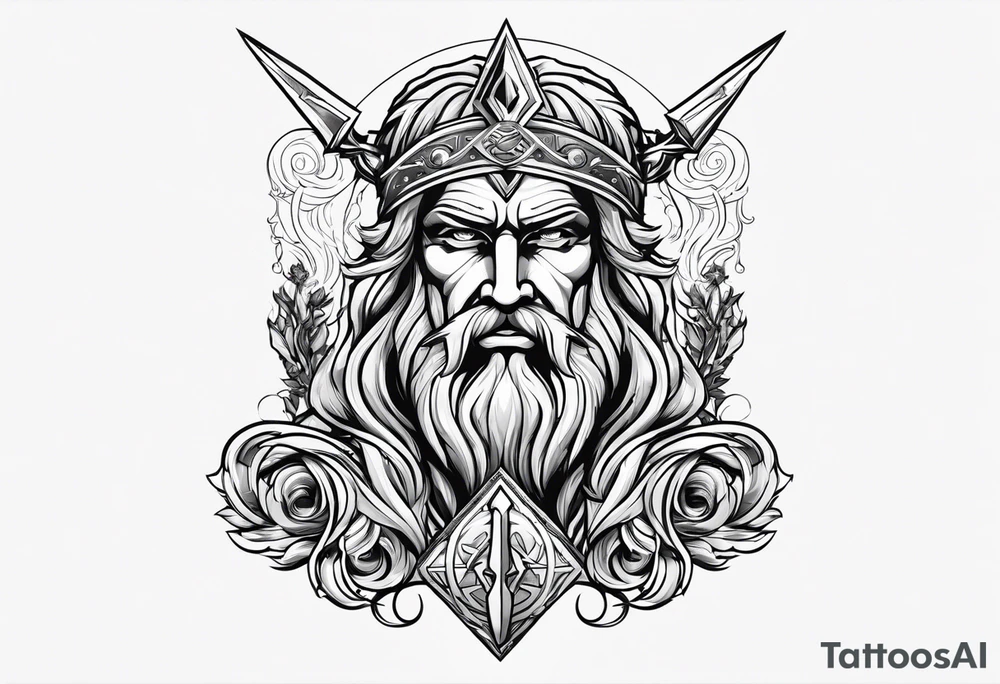 Zeus with bolt, posiden with trident and hades with his weapon in one design for arm tattoo idea