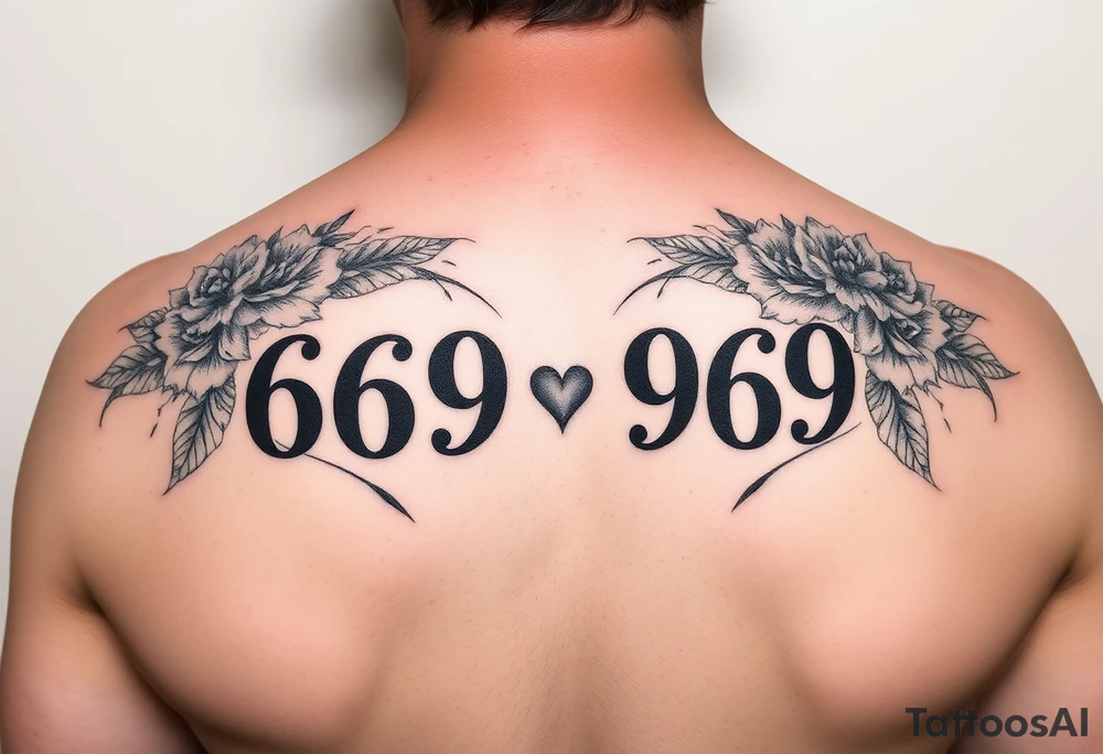 Meaningful tattoo for grandparents with numbers 6669 and 9696 hearts and flowers tattoo idea