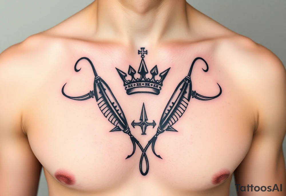 Chest tattoo, two lures and crown between tattoo idea