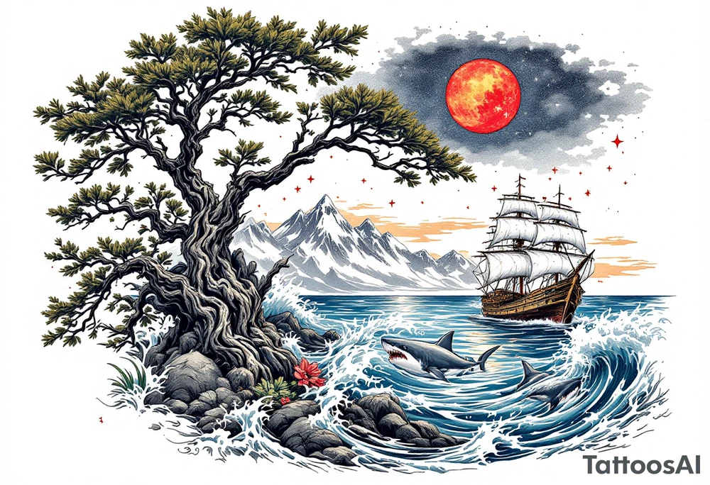 tattoo that has an acacia tree with mountains, ocean with a ship wreck with sharks and the northern star tattoo idea