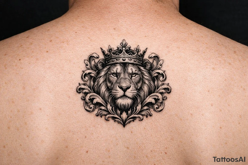 powerful majestic lion with a crown, framed by ornate floral scrollwork tattoo idea