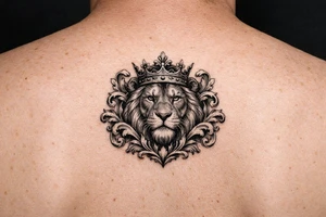 powerful majestic lion with a crown, framed by ornate floral scrollwork tattoo idea
