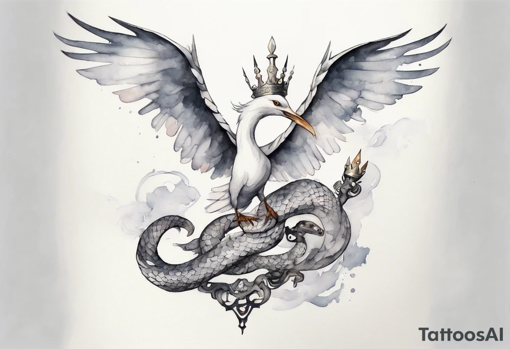 a white bird-serpent hybrid, wearing a pewter crown on its head, flying in the air tattoo idea