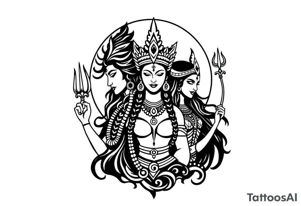 Lord Shiva, Godess Kali, Godess Lilith Together with the moon in the background tattoo idea