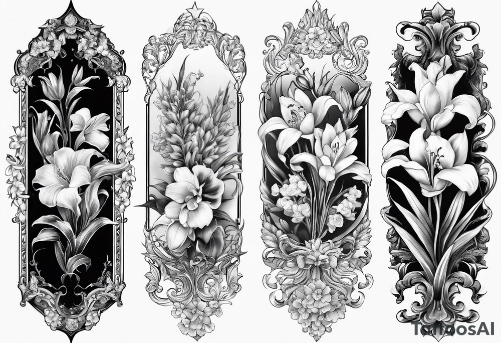 Vertical floral arm sleeve with wheat and dragonflower, snapdragon, and tulips, lilly orchid, Queen-of-the-Night tattoo idea