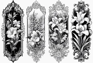 Vertical floral arm sleeve with wheat and dragonflower, snapdragon, and tulips, lilly orchid, Queen-of-the-Night tattoo idea