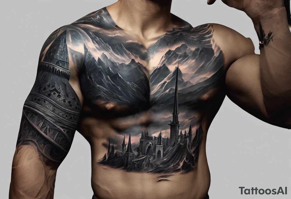 Certainly! Here's the updated description for a bicep and upper arm tattoo:

---

**Tattoo Description:**

**Design:** Black and gray detailed illustration.
**Location:** Bicep and upper arm.
**Concept:** Scene from Dante's Inferno, inspired by Gustave Doré's illustrations.

**Details:**

1. **Main Elements:**
   - A dark forest with towering trees and rocky terrain.
   - Two small figures standing at the entrance of a dark cave, symbolizing the descent into hell.
   
2. **Style:**
   - Detailed line work capturing the intricate details of the forest and rocky environment.
   - Black and gray shading to create depth and contrast, emphasizing the eerie and foreboding atmosphere.

**Overall Feel:**
   - A haunting and dramatic scene that evokes the mysterious and ominous journey through Dante's Inferno.

---

This version is tailored for the bicep and upper arm, providing a clear and concise vision for your tattoo artist. tattoo idea