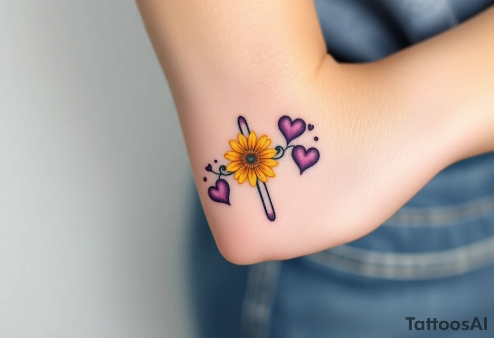 Yellow daisy Purple Hearts around a cross tattoo idea