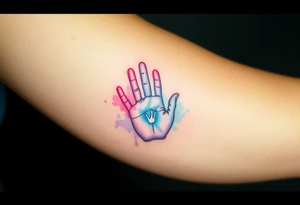 Tattoo of two hand prints, while a tiny handprint placed inside a larger one, shaded in watercolor pastels (light pink, baby blue, and soft lavender), representing growth and connection tattoo idea