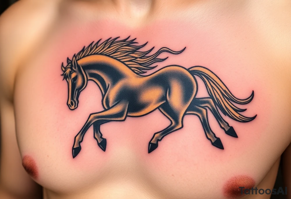 The tattoo represents a supernatural encounter with a golden horse with jet-black fur in the mountains of Choquequirao (Cusco, Peru). This mysterious, fleeting horse symbolizes strength, energy, and spiritual rebirth. It appeared at full speed, its hooves shaking the ground, its breath so powerful it drowned out all other sounds. The narrator felt no fear, only awe as the horse took a perfect curve, muscles tense, radiating power and grace. Its presence transformed the narrator, giving them the energy to complete an exhausting trek and leaving them with a profound connection to something greater. The tattoo aims to capture the essence of this moment: strength, speed, beauty, and the spirit of the mountain. tattoo idea