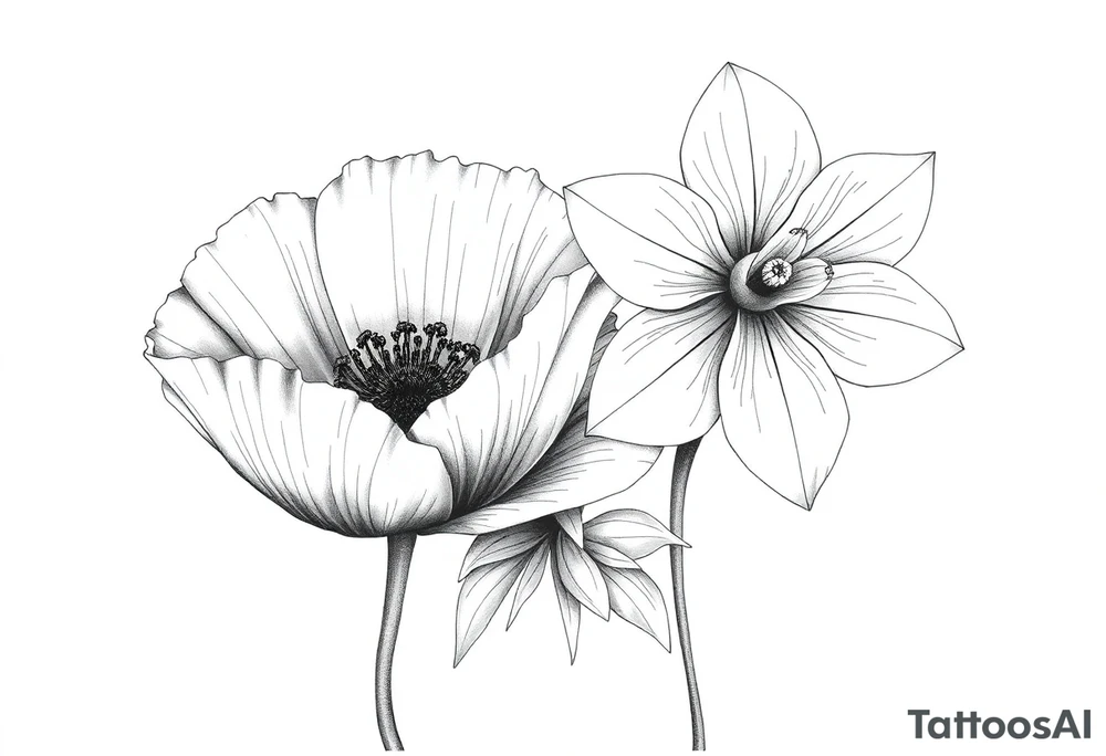 Large poppy flower next to a Narcissusflower tattoo idea