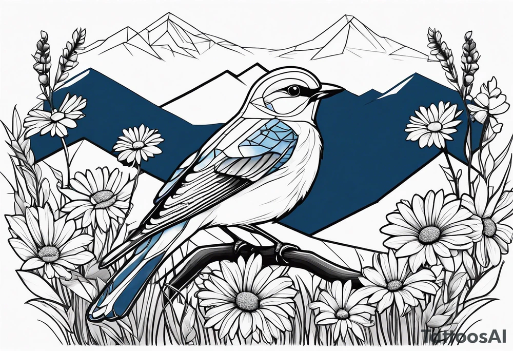 Geometric Black and white blue bird outline sitting in grass and daisys with mountains in the background tattoo idea