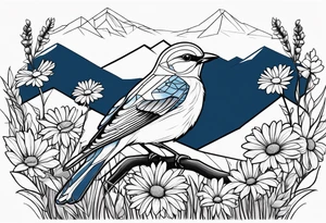 Geometric Black and white blue bird outline sitting in grass and daisys with mountains in the background tattoo idea