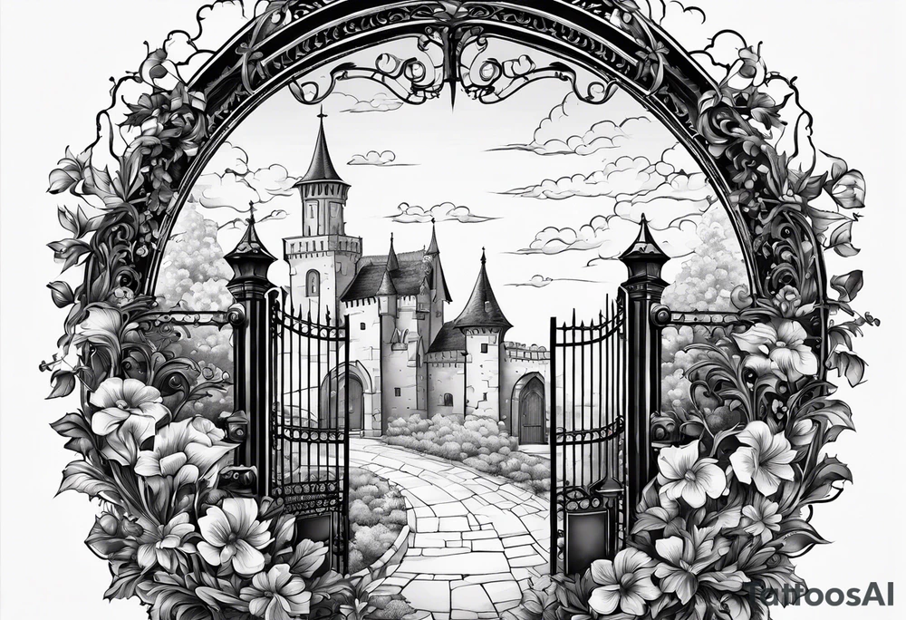 night medieval town garden gate entrance
in circle vignette surrounded by clouds floral tattoo idea
