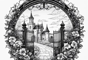 night medieval town garden gate entrance 
 in circle vignette surrounded by clouds floral tattoo idea