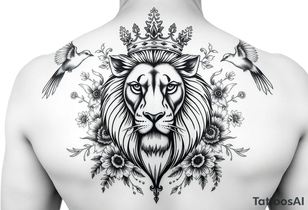 powerful majestic lion with a crown, surrounded by floral ornaments and birds tattoo idea