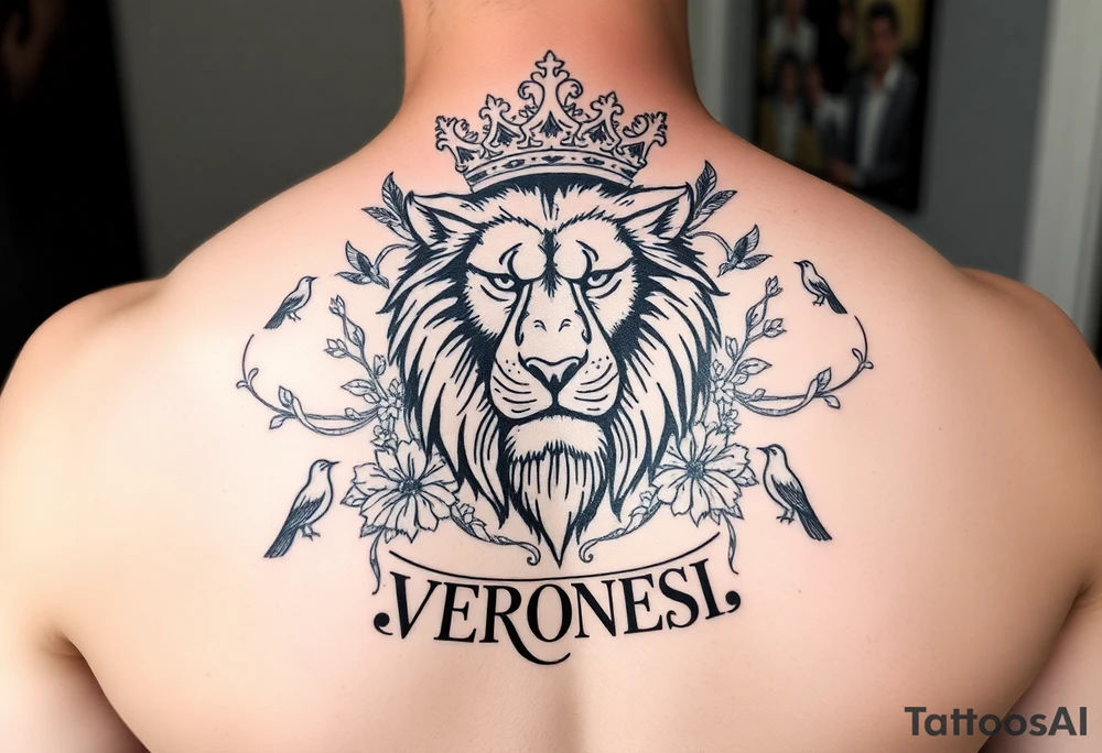 powerful majestic lion with a crown, surrounded by floral ornaments and birds add a name "VERONESI" tattoo idea