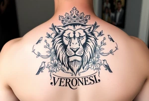 powerful majestic lion with a crown, surrounded by floral ornaments and birds add a name "VERONESI" tattoo idea