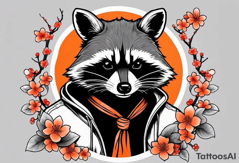 Raccoon wearing a white Superman logo on a black hoodie and orange Japanese cherry blossoms beside tattoo idea