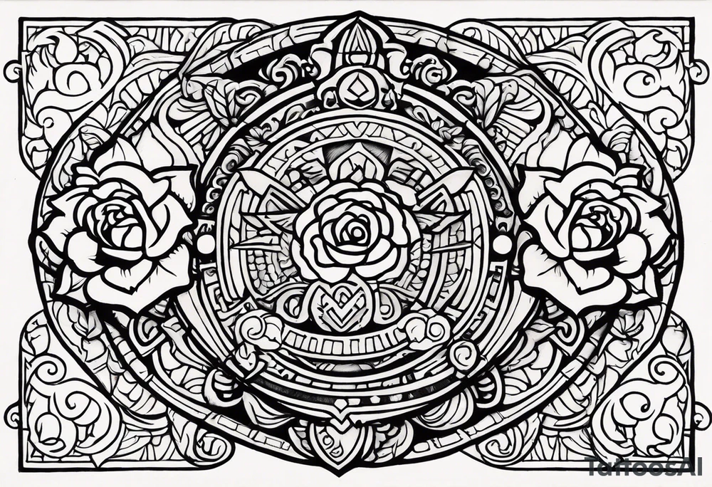 Design a masculine tattoo depicting three delicate rose buds being embraced and protected by 
Aztec weapons. The weapons should include elements such as the macuahuitl (Aztec sword-club), obsidian blades, and Mayan calander, arranged in a way that forms a protective circle or embrace around the roses. Carve the entire image as if it were a stone sculpture by an ancient Aztec artist, with the texture resembling intricately detailed stone carvings. The roses should be slightly softer but still stylized in stone, giving the entire tattoo a powerful, yet artistic and ancient feel. Use bold, sharp lines to capture the essence of Aztec craftsmanship tattoo idea