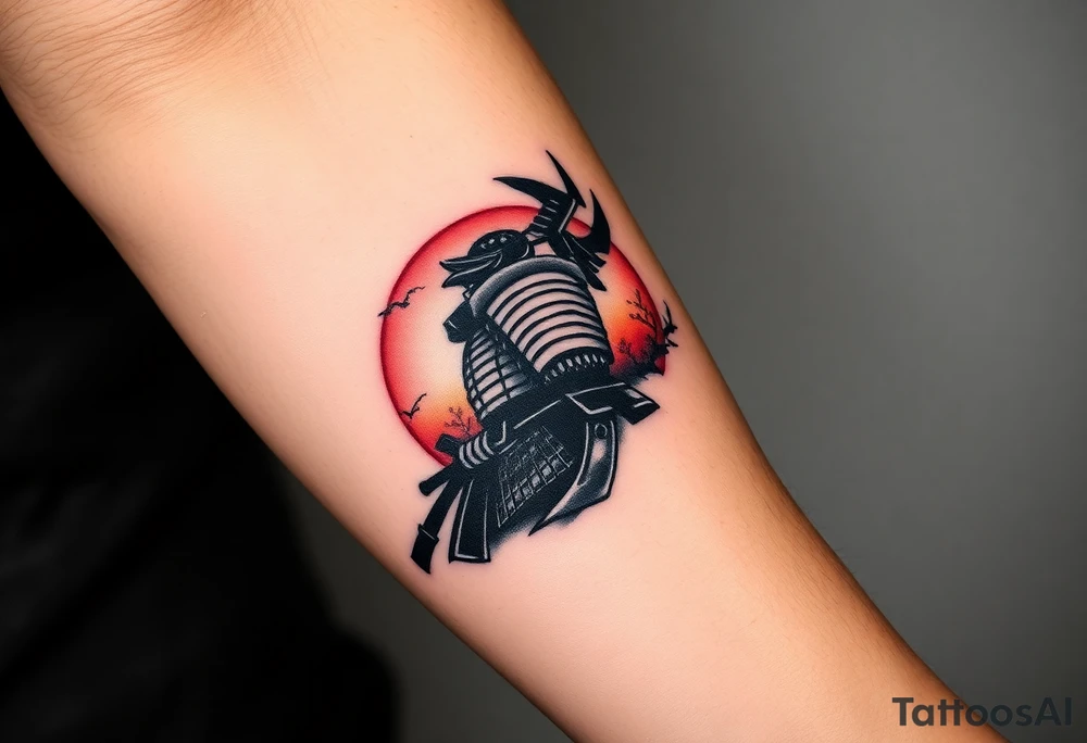 noble samurai warrior silhouette at sunset with cherry blossoms tattoo idea