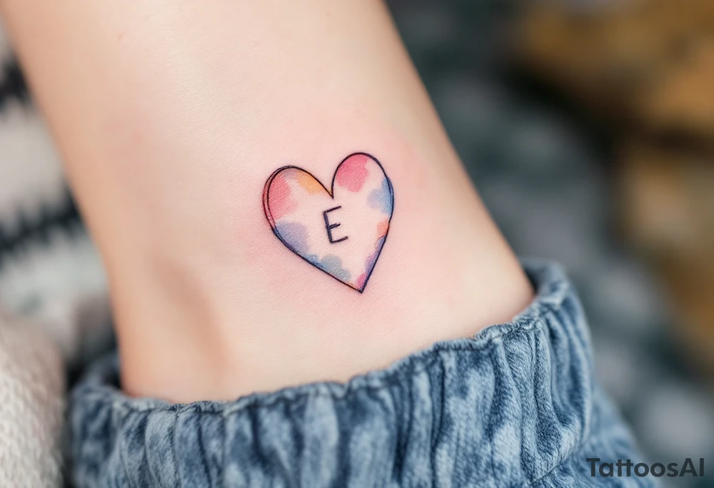 A soft pastel heart outline with a handwritten letter "E" in light grey ink, creating a delicate and airy aesthetic. tattoo idea