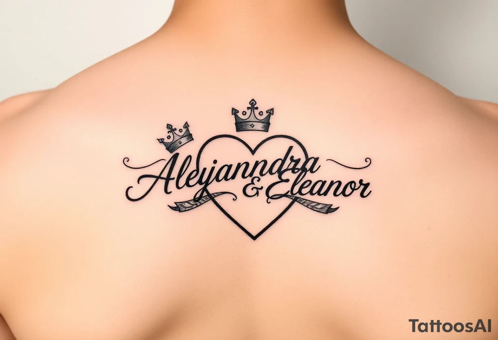 the name Alejandra and Eleanor in a heart with crowns tattoo idea