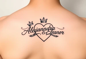 the name Alejandra and Eleanor in a heart with crowns tattoo idea