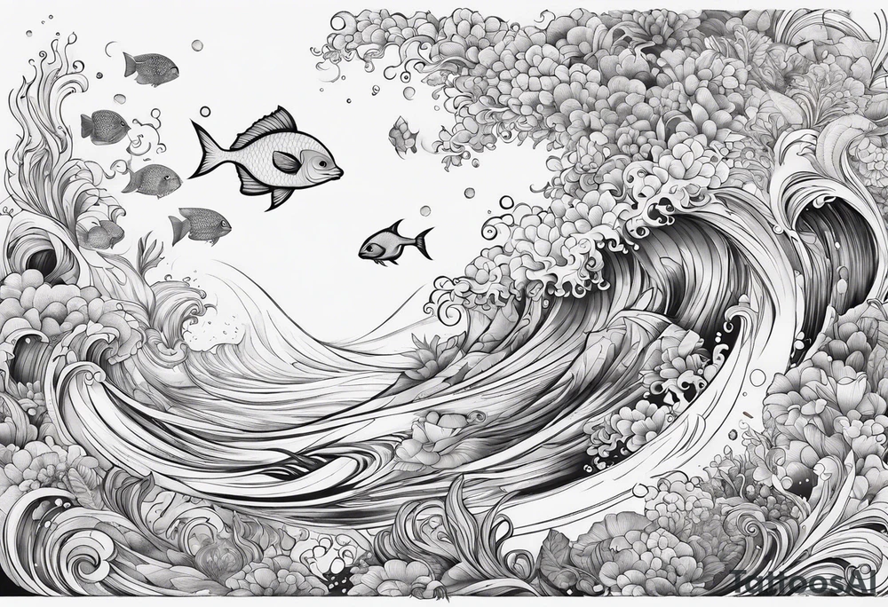 Underwater Sea creatures feminine cascading upwards tattoo idea