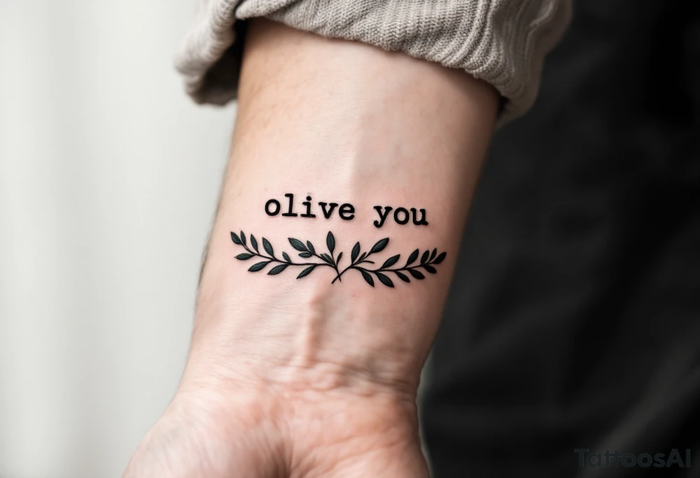 Minimalist black typewriter font surrounded by delicate olive branches in deep green. tattoo idea