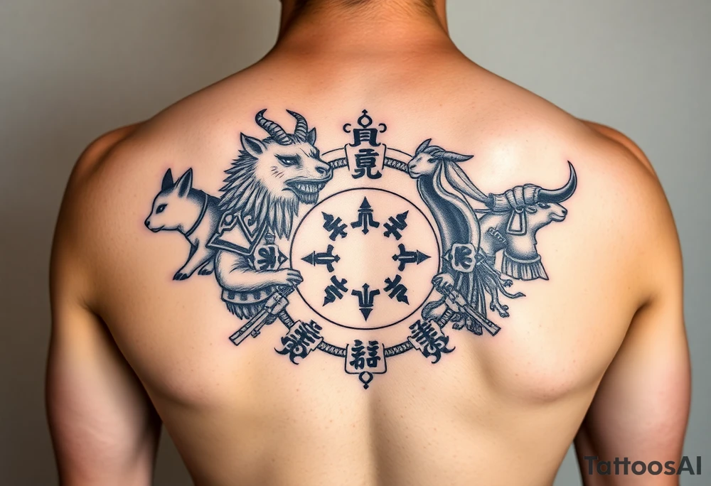 Chinese zodiac animals: rat, dog, goat, and ox all dressed up Samurai warrior style in a circular formation in Japanese setting tattoo idea