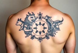 Chinese zodiac animals: rat, dog, goat, and ox all dressed up Samurai warrior style in a circular formation in Japanese setting tattoo idea