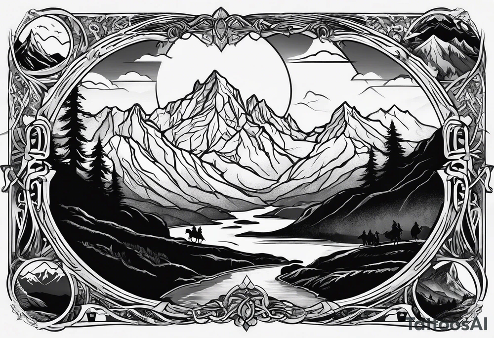 lord of the rings ring lettering with mountains above it and silhouette image of the characters on their travels through the mountains tattoo idea
