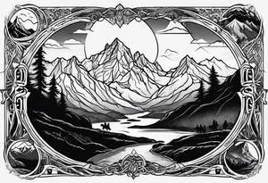 lord of the rings ring lettering with mountains above it and silhouette image of the characters on their travels through the mountains tattoo idea