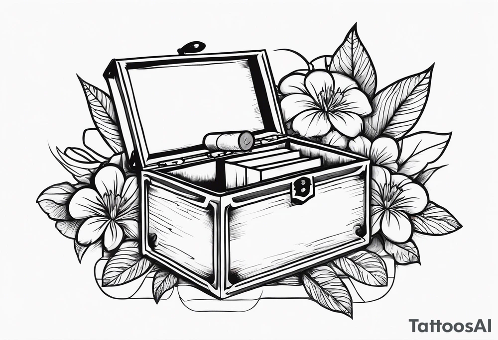 An sailor Jerry style tattoo of a vintage cigar box with one cigar propped up next to it.. surrounding the box is flowers tattoo idea