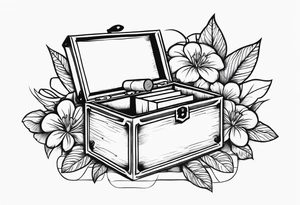 An sailor Jerry style tattoo of a vintage cigar box with one cigar propped up next to it.. surrounding the box is flowers tattoo idea