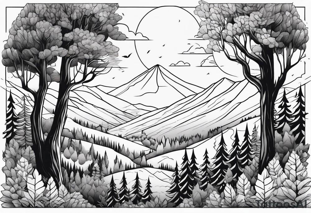 forest along the edges where there are fires below and in the distance with full trees tattoo idea