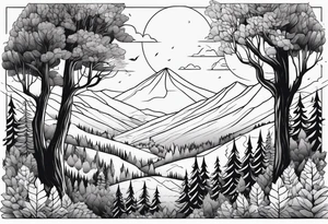 forest along the edges where there are fires below and in the distance with full trees tattoo idea