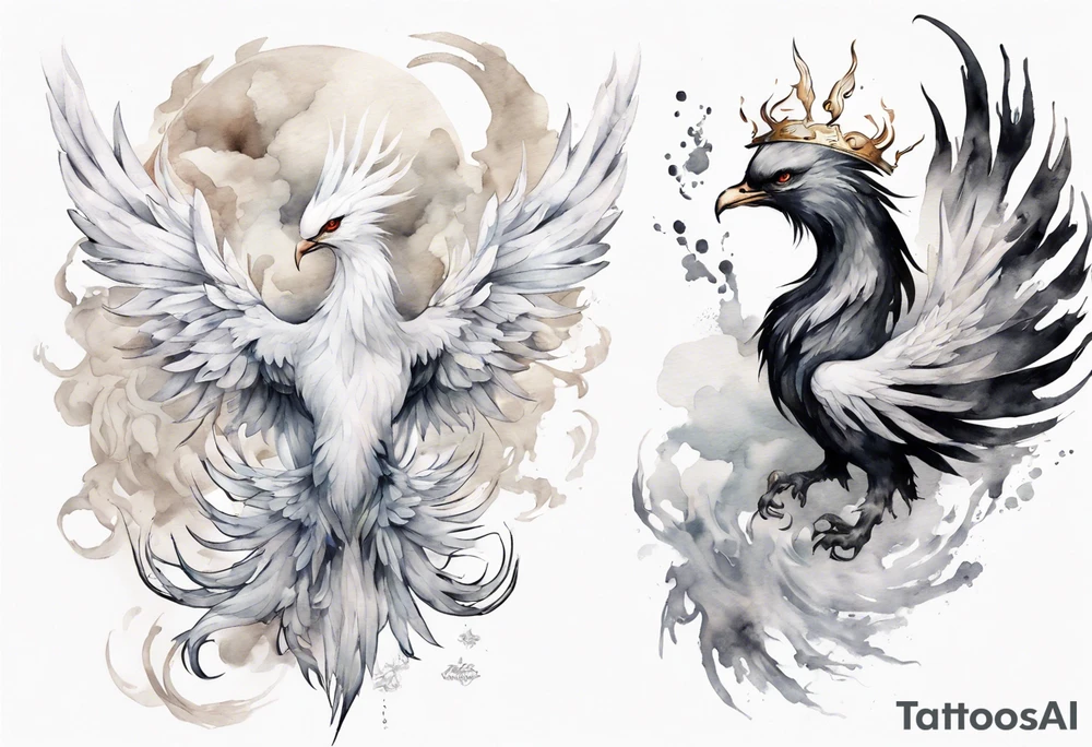 a white phoenix with an iron crown tattoo idea