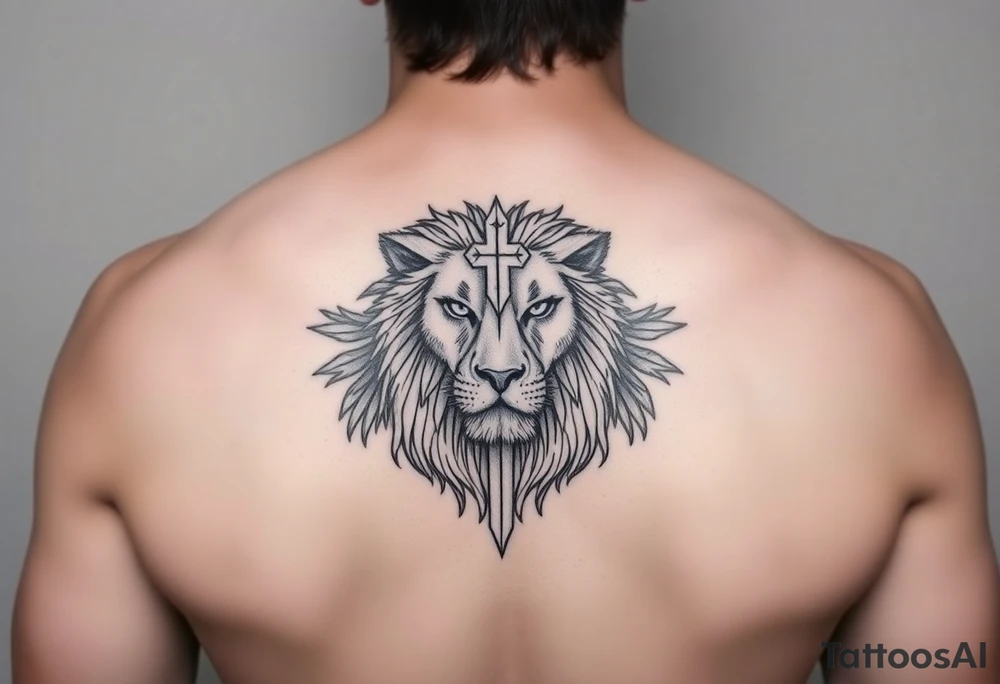 majestic lion and a cross tattoo idea