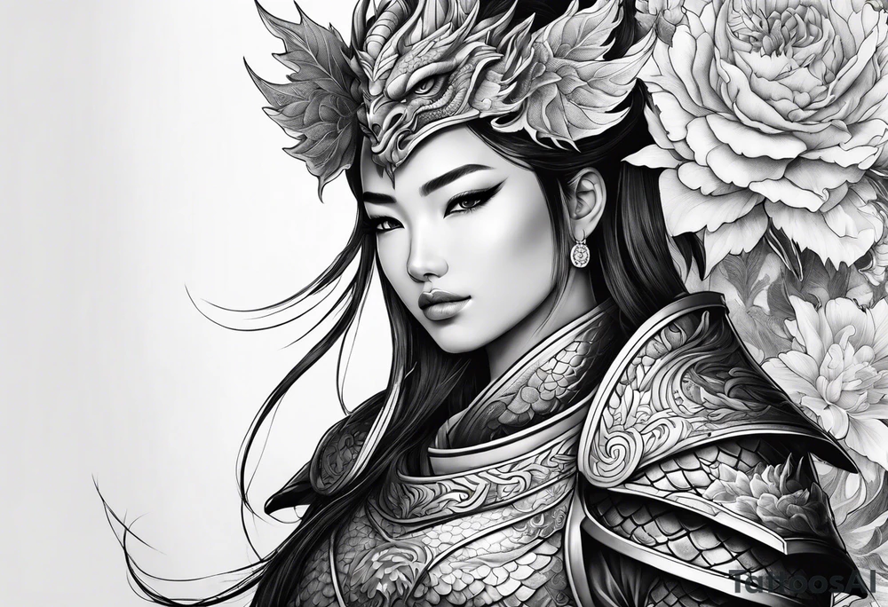 beautiful warrior woman wearing dragon armor and a floral background tattoo idea