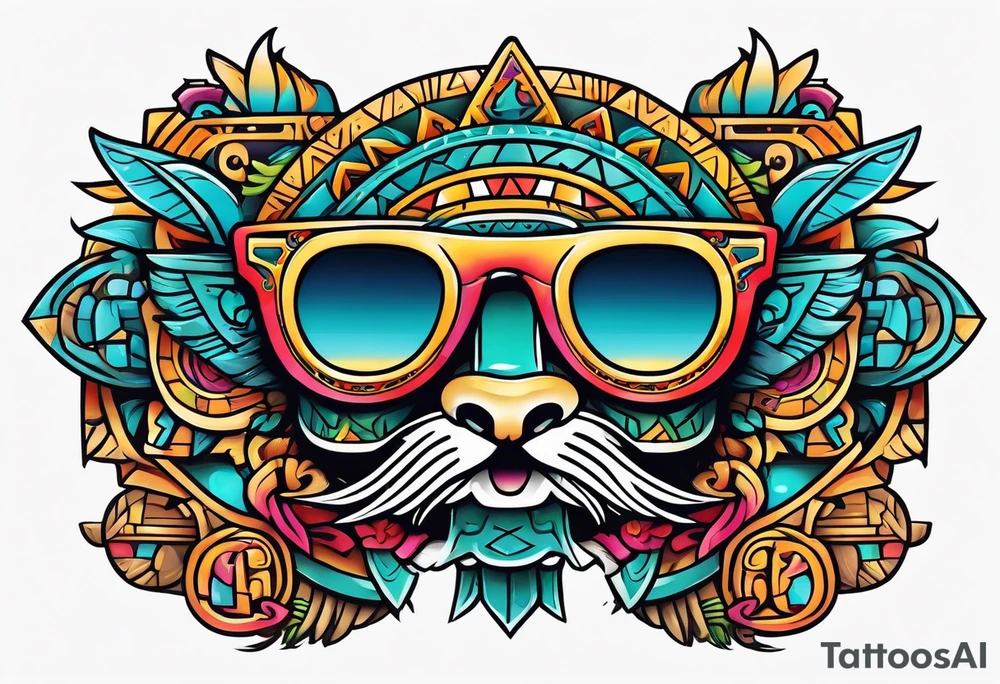 Colorful simple Mayan hieroglyph wearing sunglasses tattoo idea Colorful simple Mayan hieroglyph wearing sunglasses tattoo idea