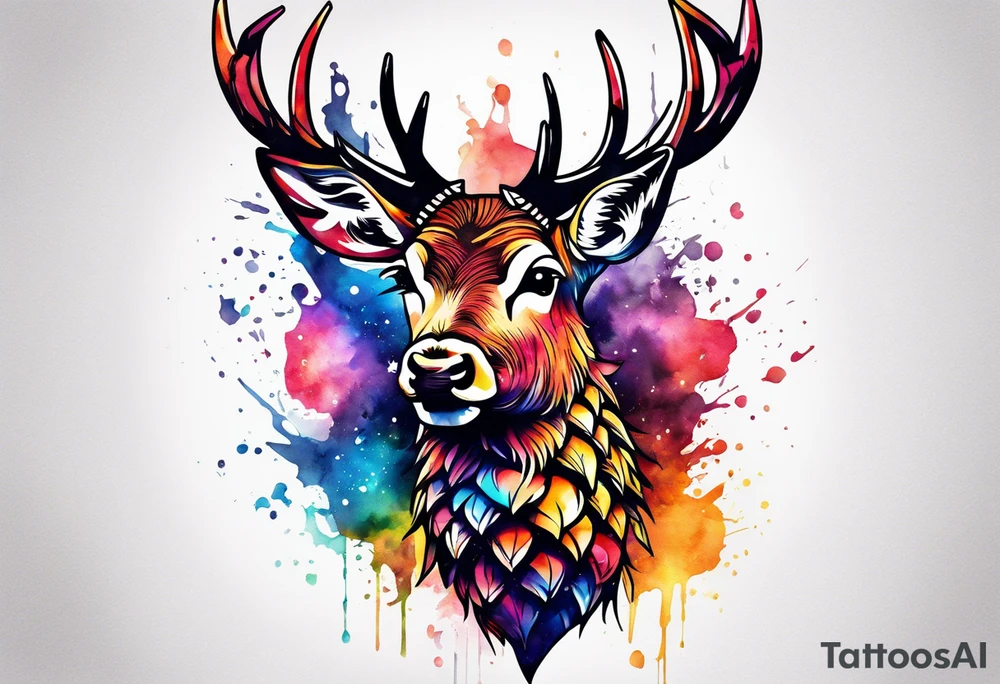 Broken glass watercolour tattoo, stag in shape of pineapple, Amsterdam, Amsterdam buildings, Amsterdam canal, space colours, galaxy colours, pineapples tattoo idea