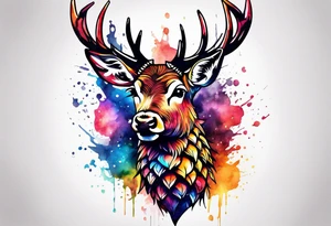 Broken glass watercolour tattoo, stag in shape of pineapple, Amsterdam, Amsterdam buildings, Amsterdam canal, space colours, galaxy colours, pineapples tattoo idea